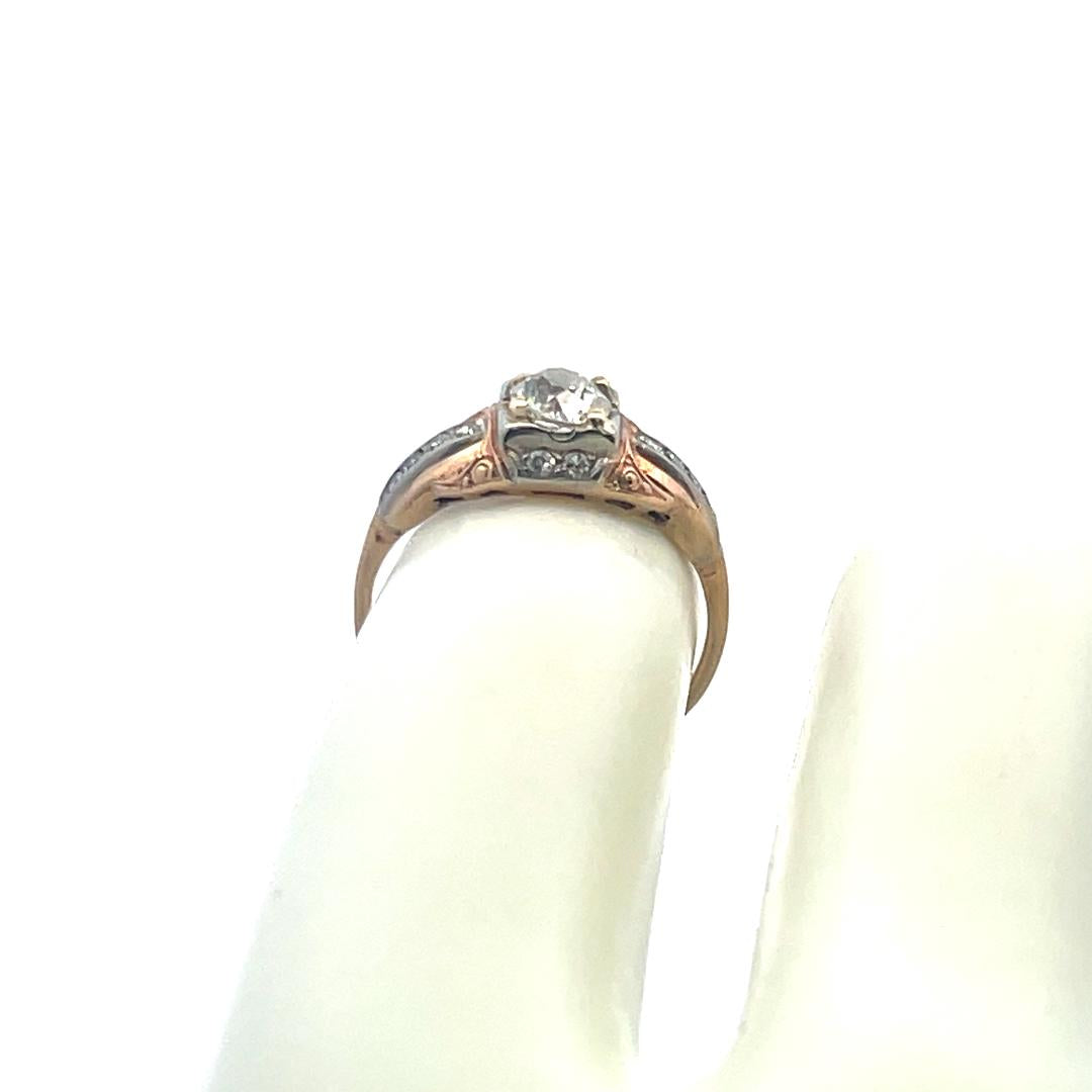 0.57 Carat Old European Cut J SI Diamond 14 Karat Two Tone Gold Art Deco Ring