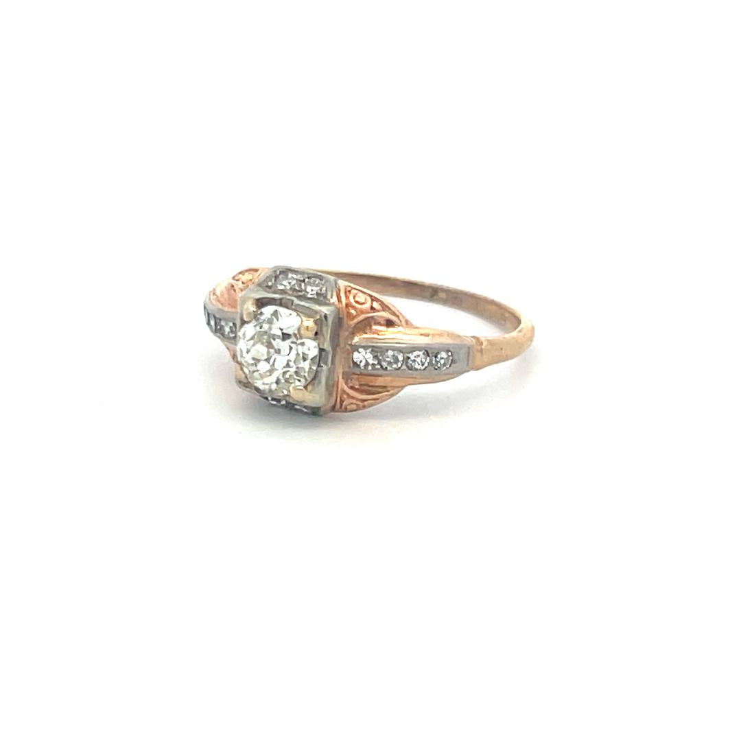0.57 Carat Old European Cut J SI Diamond 14 Karat Two Tone Gold Art Deco Ring