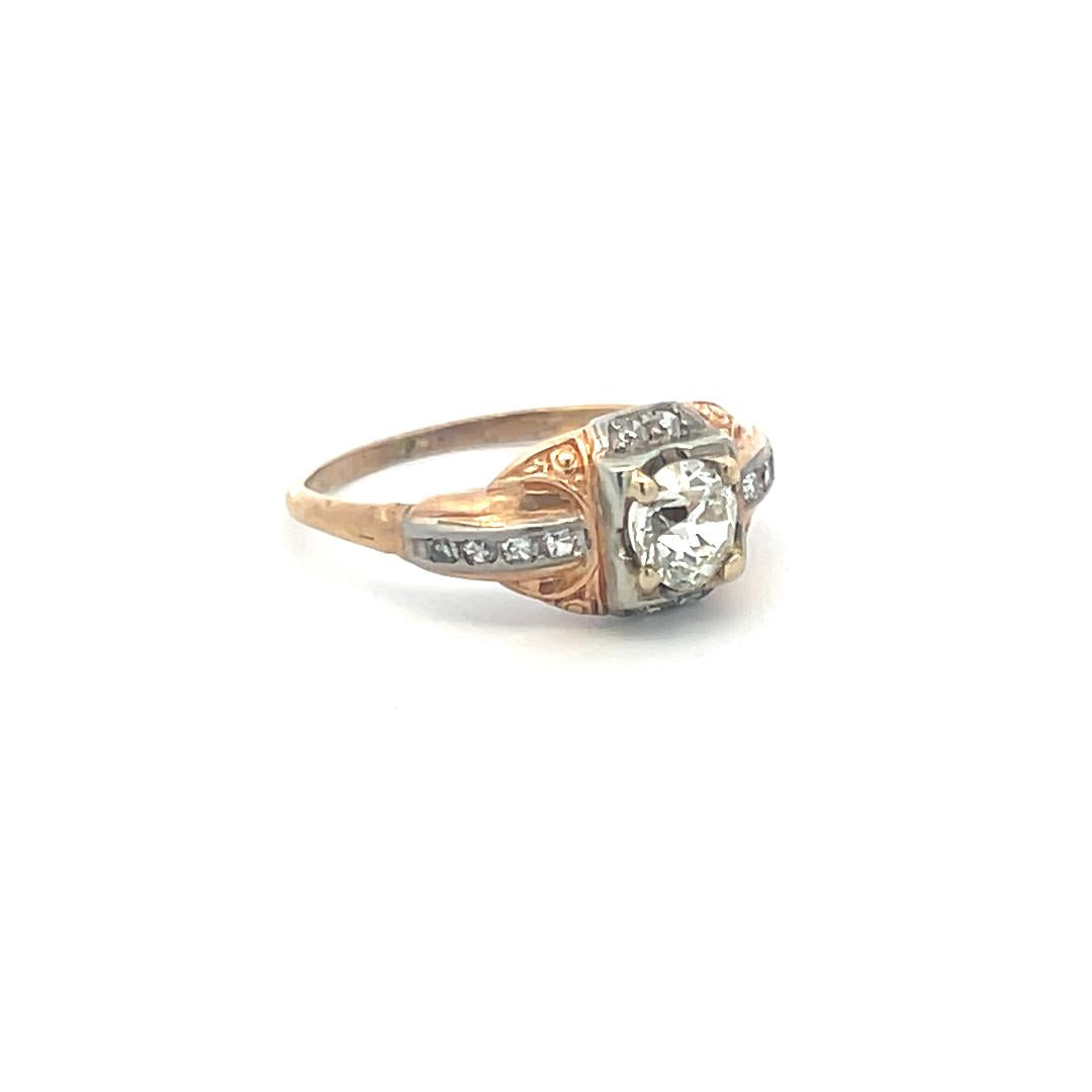 0.57 Carat Old European Cut J SI Diamond 14 Karat Two Tone Gold Art Deco Ring