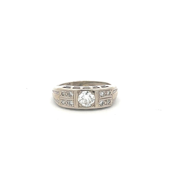 0.56 Carat Old European Cut H VS Diamond 14 Karat White Gold Band Ring