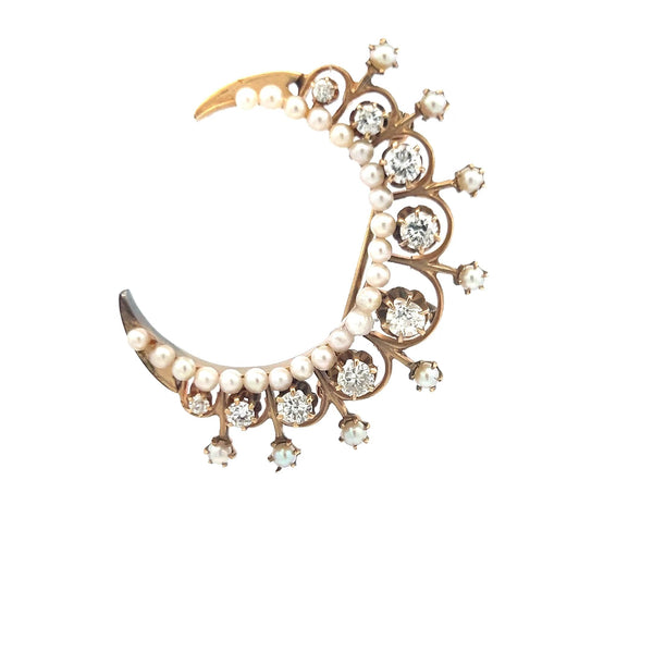 1.25 Carat Old European Cut Diamond 1.8-3 MM Pearl 14K Yellow Gold Pin Brooch