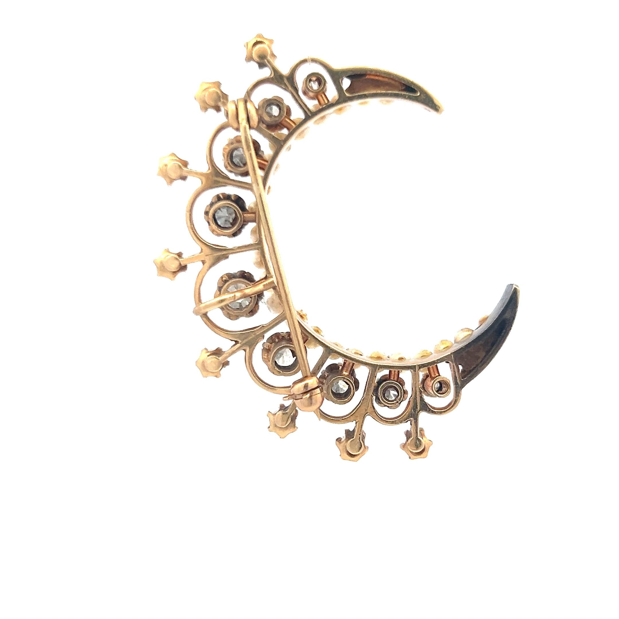 1.25 Carat Old European Cut Diamond 1.8-3 MM Pearl 14K Yellow Gold Pin Brooch