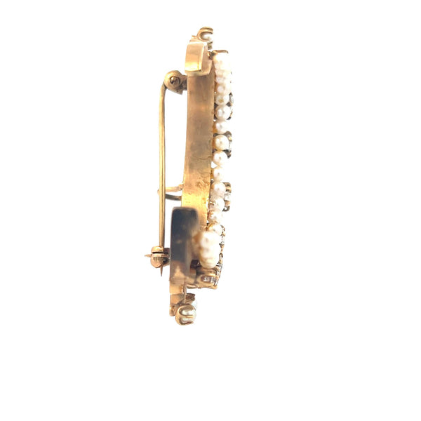1.25 Carat Old European Cut Diamond 1.8-3 MM Pearl 14K Yellow Gold Pin Brooch