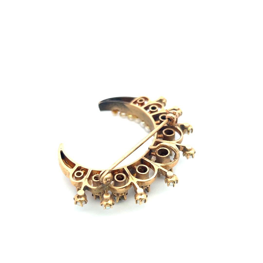 1.25 Carat Old European Cut Diamond 1.8-3 MM Pearl 14K Yellow Gold Pin Brooch