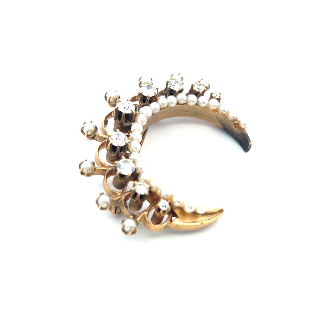 1.25 Carat Old European Cut Diamond 1.8-3 MM Pearl 14K Yellow Gold Pin Brooch