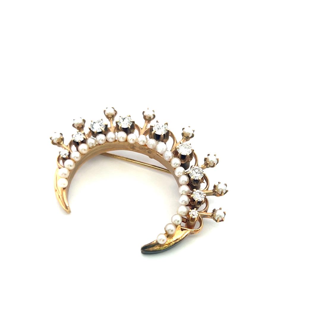 1.25 Carat Old European Cut Diamond 1.8-3 MM Pearl 14K Yellow Gold Pin Brooch