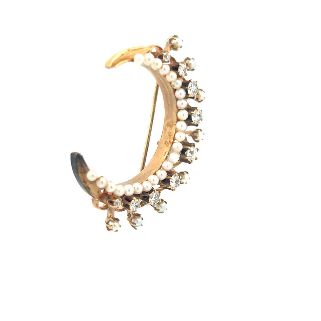 1.25 Carat Old European Cut Diamond 1.8-3 MM Pearl 14K Yellow Gold Pin Brooch