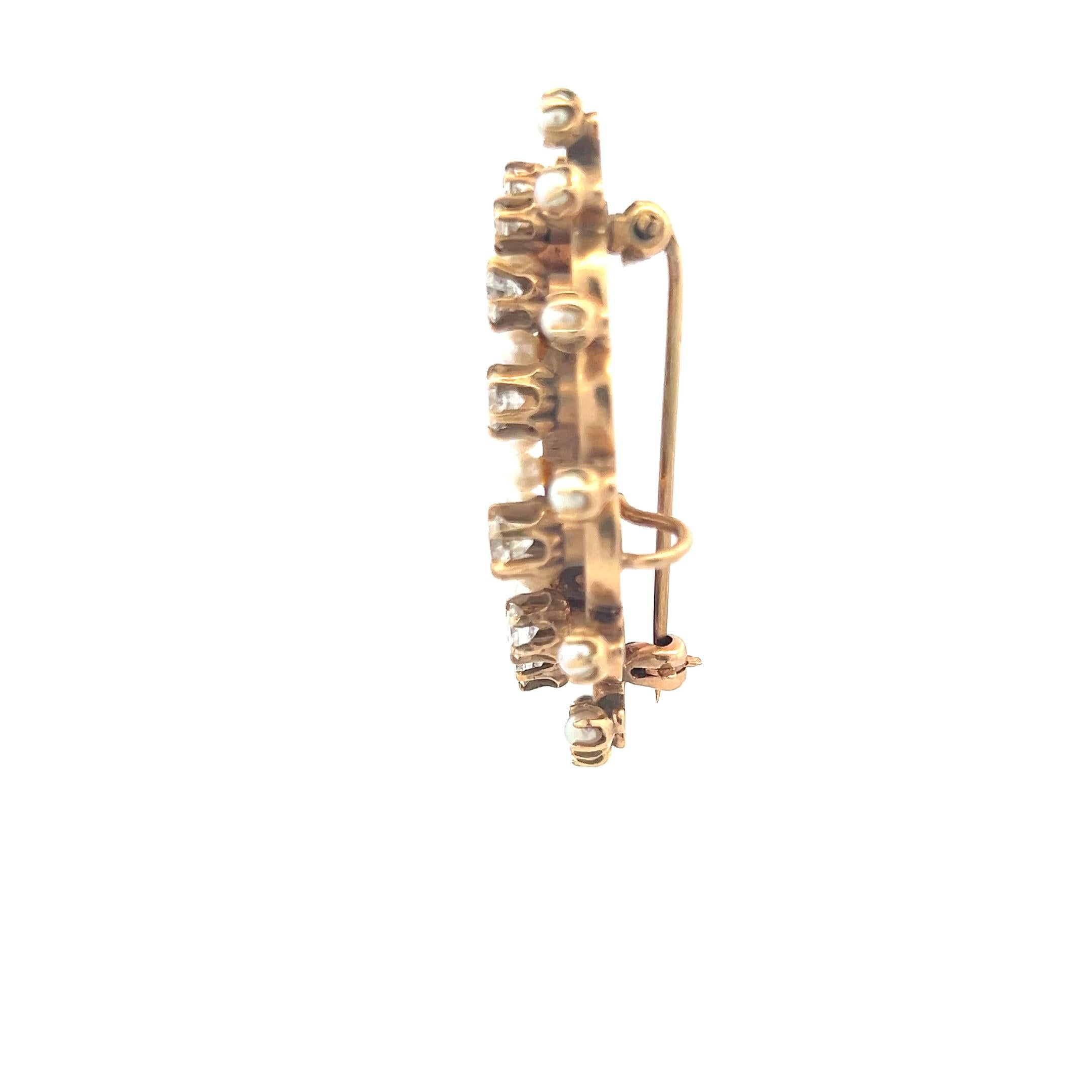 1.25 Carat Old European Cut Diamond 1.8-3 MM Pearl 14K Yellow Gold Pin Brooch