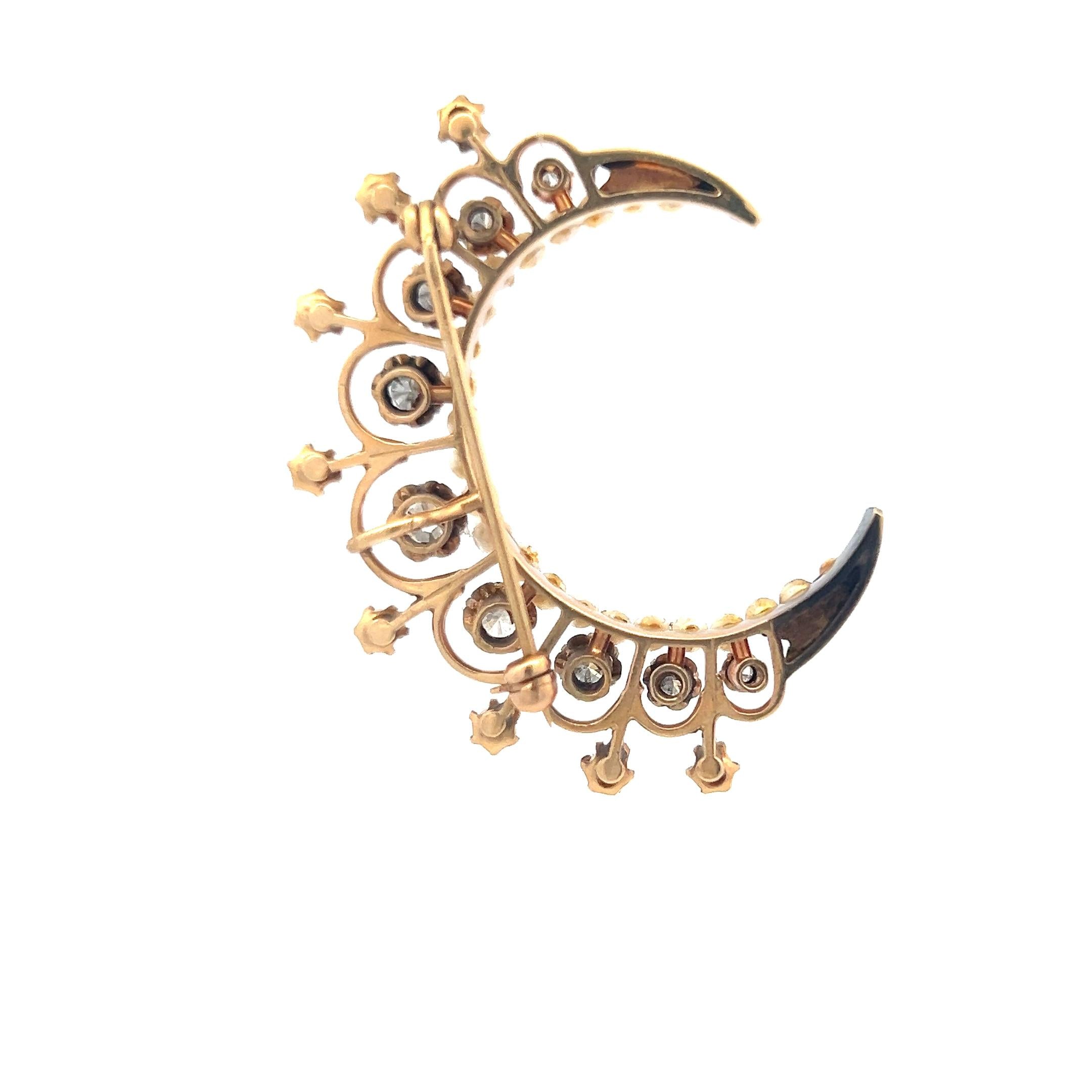 1.25 Carat Old European Cut Diamond 1.8-3 MM Pearl 14K Yellow Gold Pin Brooch