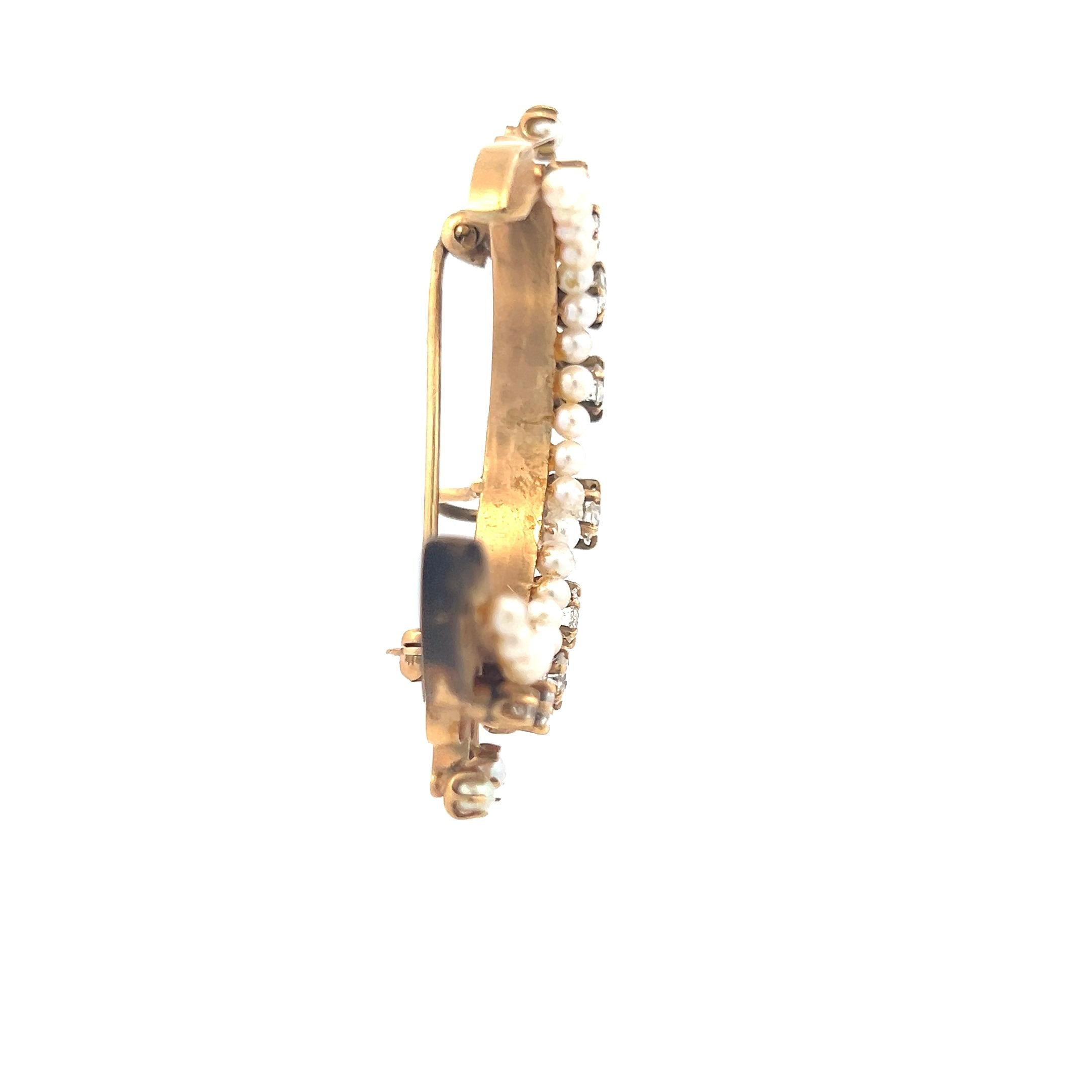 1.25 Carat Old European Cut Diamond 1.8-3 MM Pearl 14K Yellow Gold Pin Brooch