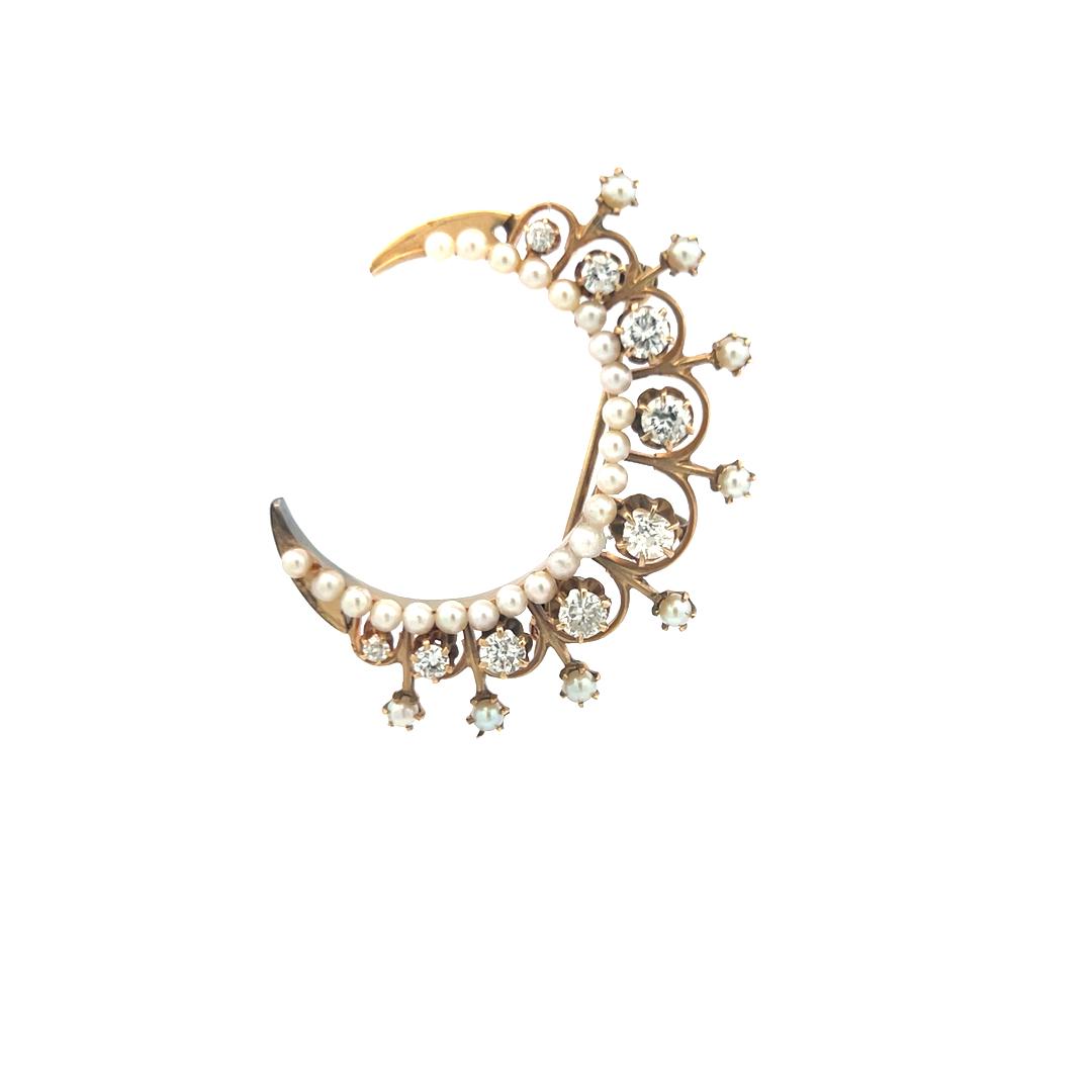 1.25 Carat Old European Cut Diamond 1.8-3 MM Pearl 14K Yellow Gold Pin Brooch
