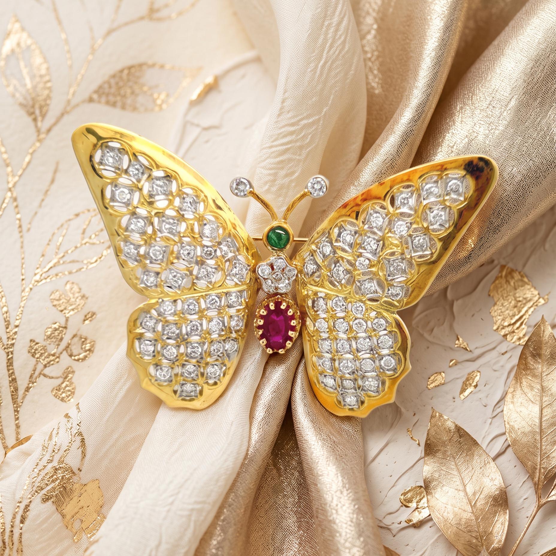 18K Yellow Gold Butterfly Pin Brooch 2.12ct Diamonds 1ct Ruby & 0.1ct Emerald