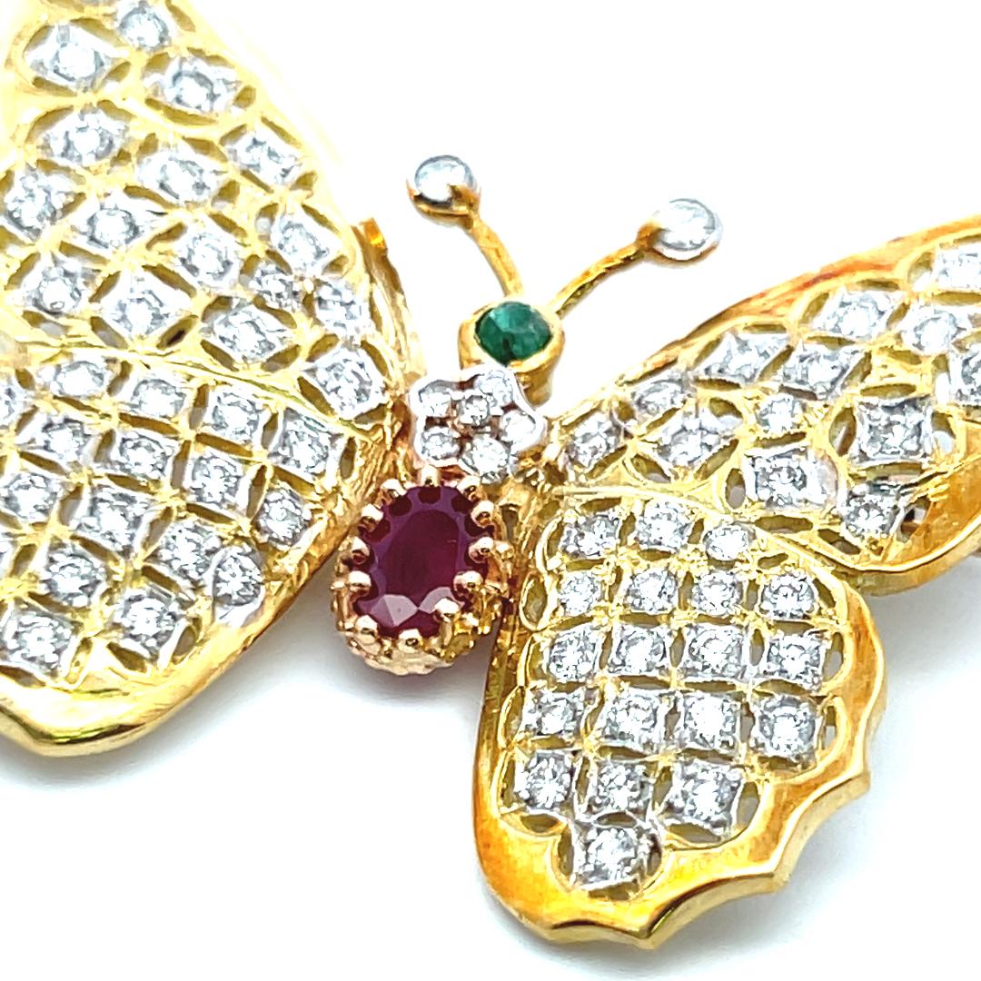 18K Yellow Gold Butterfly Pin Brooch 2.12ct Diamonds 1ct Ruby & 0.1ct Emerald