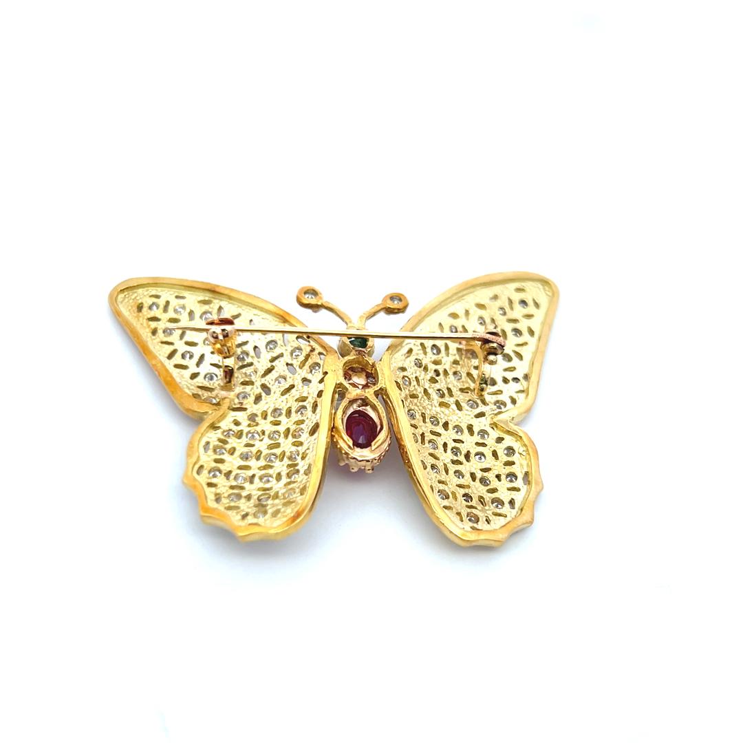 18K Yellow Gold Butterfly Pin Brooch 2.12ct Diamonds 1ct Ruby & 0.1ct Emerald
