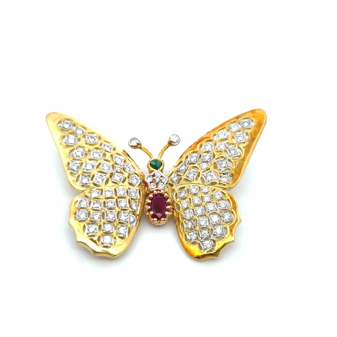 18K Yellow Gold Butterfly Pin Brooch 2.12ct Diamonds 1ct Ruby & 0.1ct Emerald