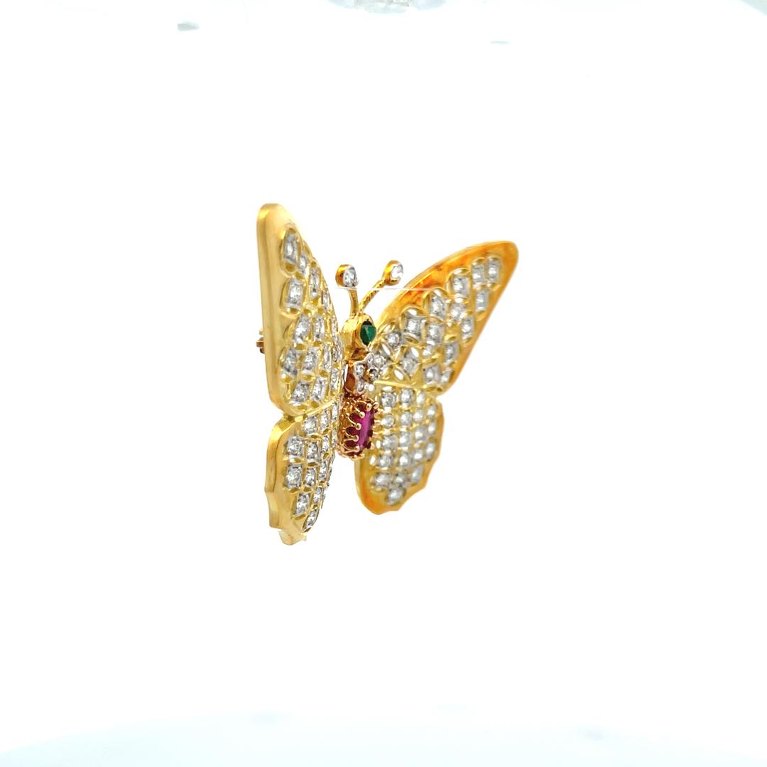18K Yellow Gold Butterfly Pin Brooch 2.12ct Diamonds 1ct Ruby & 0.1ct Emerald