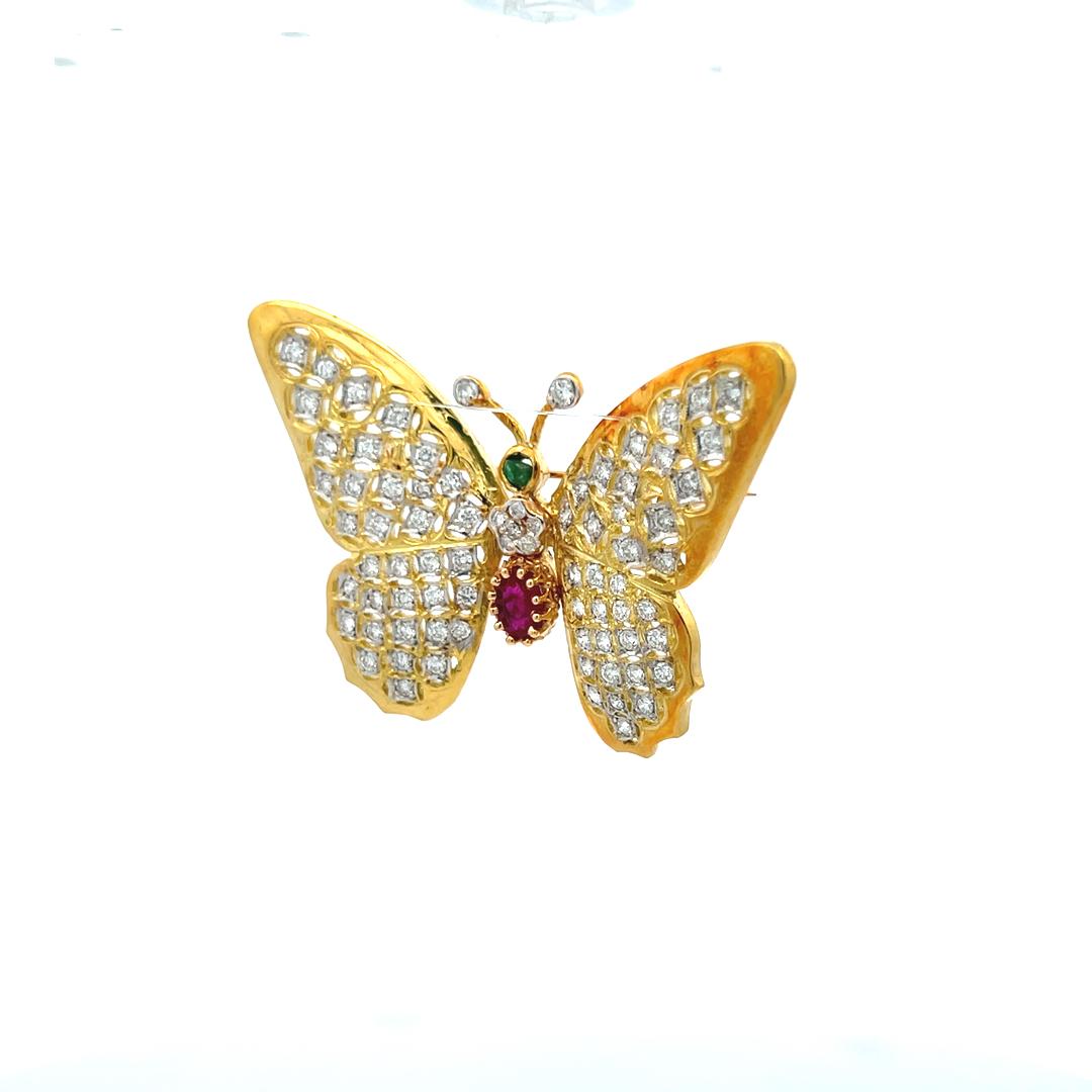 18K Yellow Gold Butterfly Pin Brooch 2.12ct Diamonds 1ct Ruby & 0.1ct Emerald
