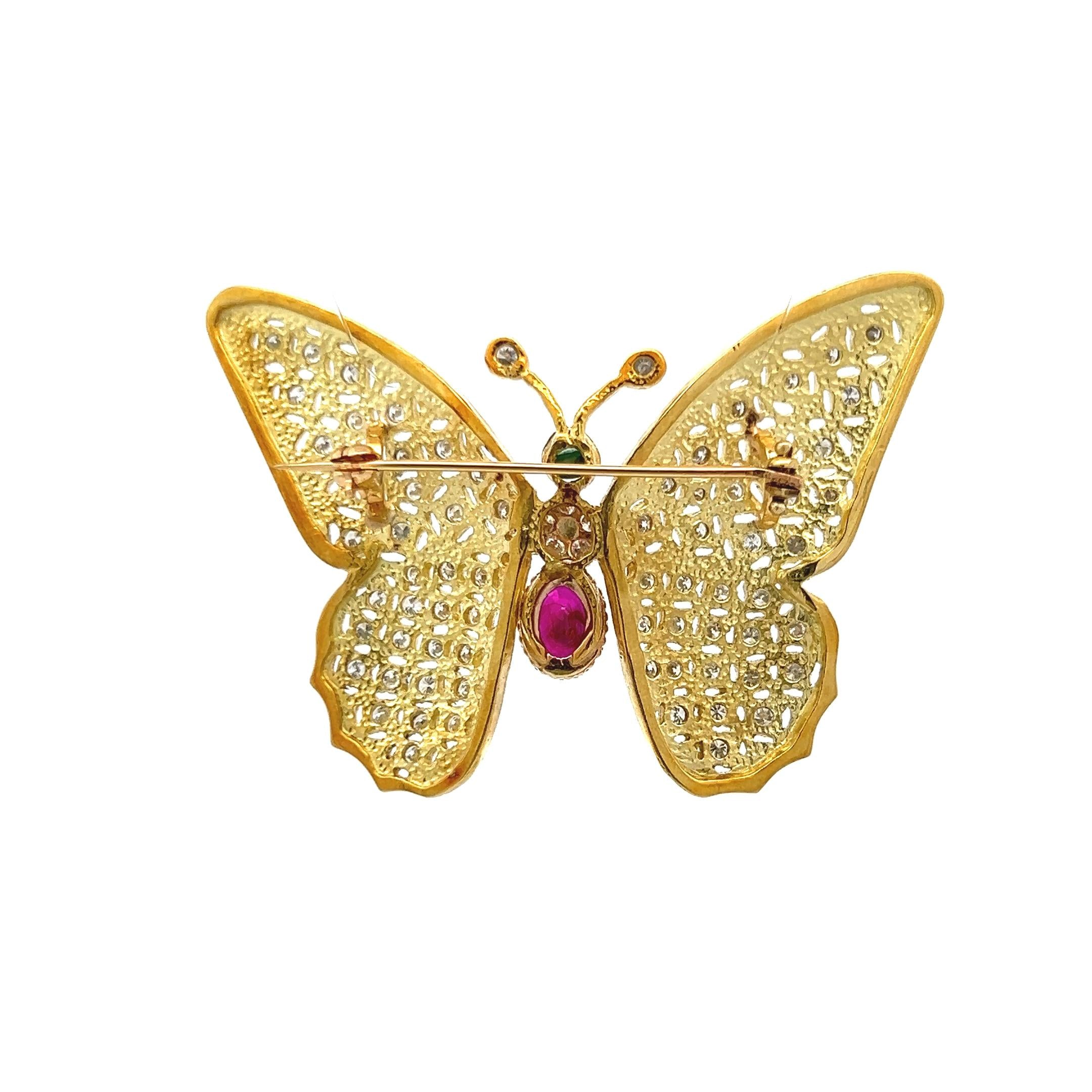 18K Yellow Gold Butterfly Pin Brooch 2.12ct Diamonds 1ct Ruby & 0.1ct Emerald