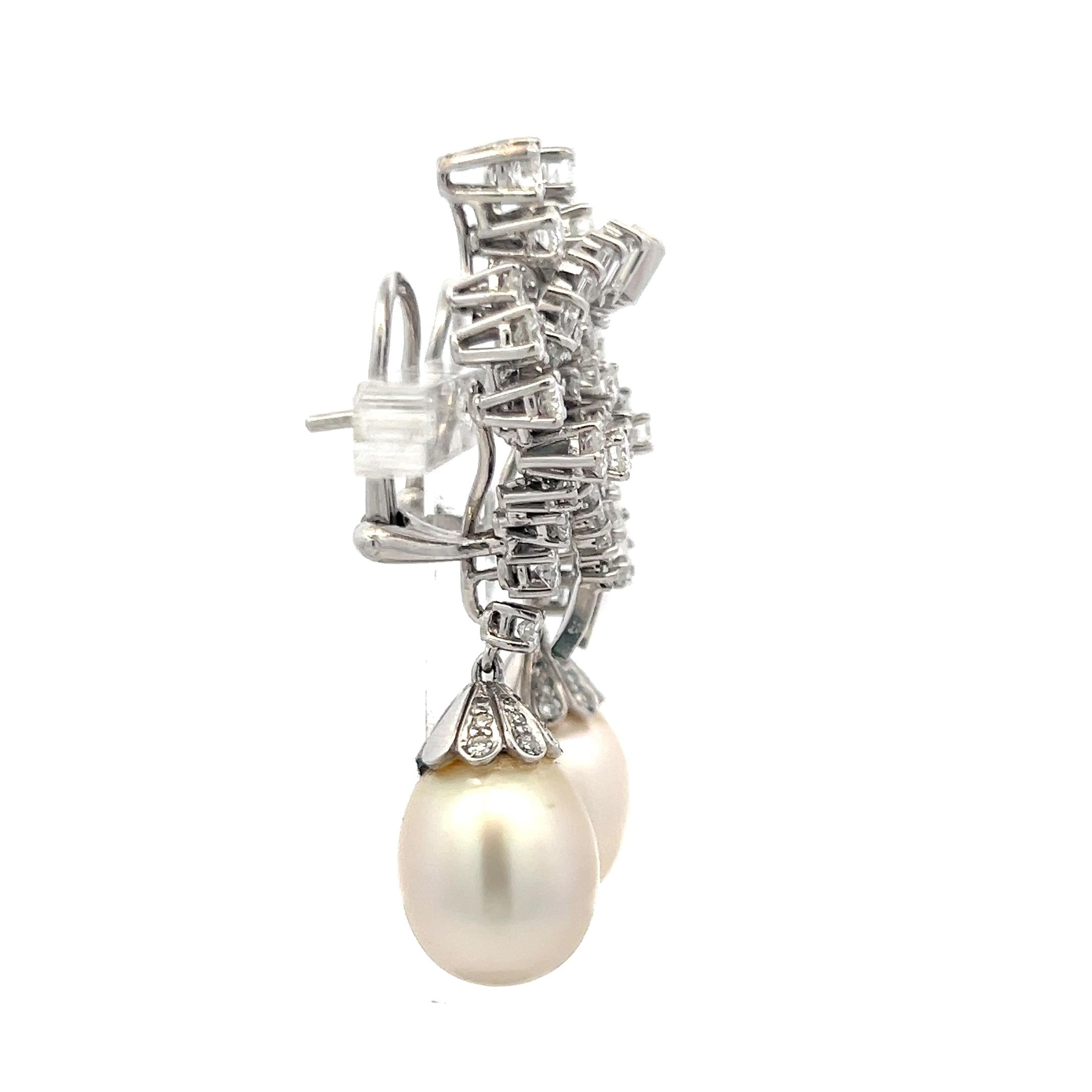 White Platinum Dangling Earrings 4.75ct Round & Baguette H VS Diamonds and Pearl