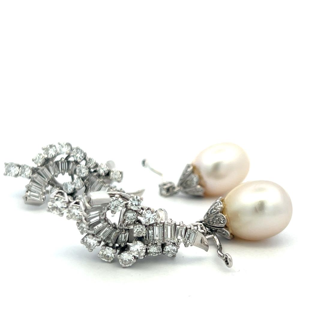 White Platinum Dangling Earrings 4.75ct Round & Baguette H VS Diamonds and Pearl