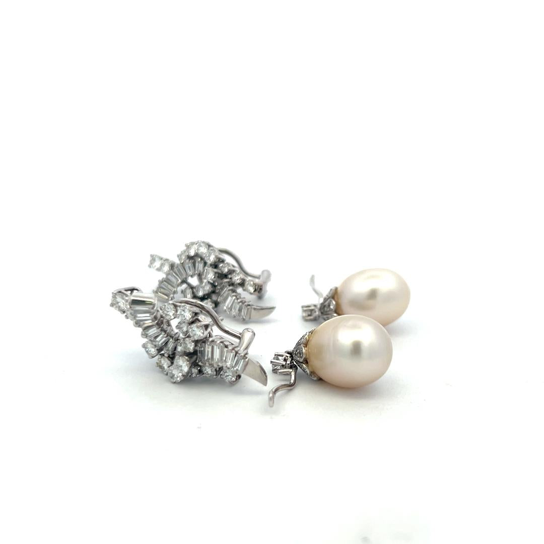 White Platinum Dangling Earrings 4.75ct Round & Baguette H VS Diamonds and Pearl
