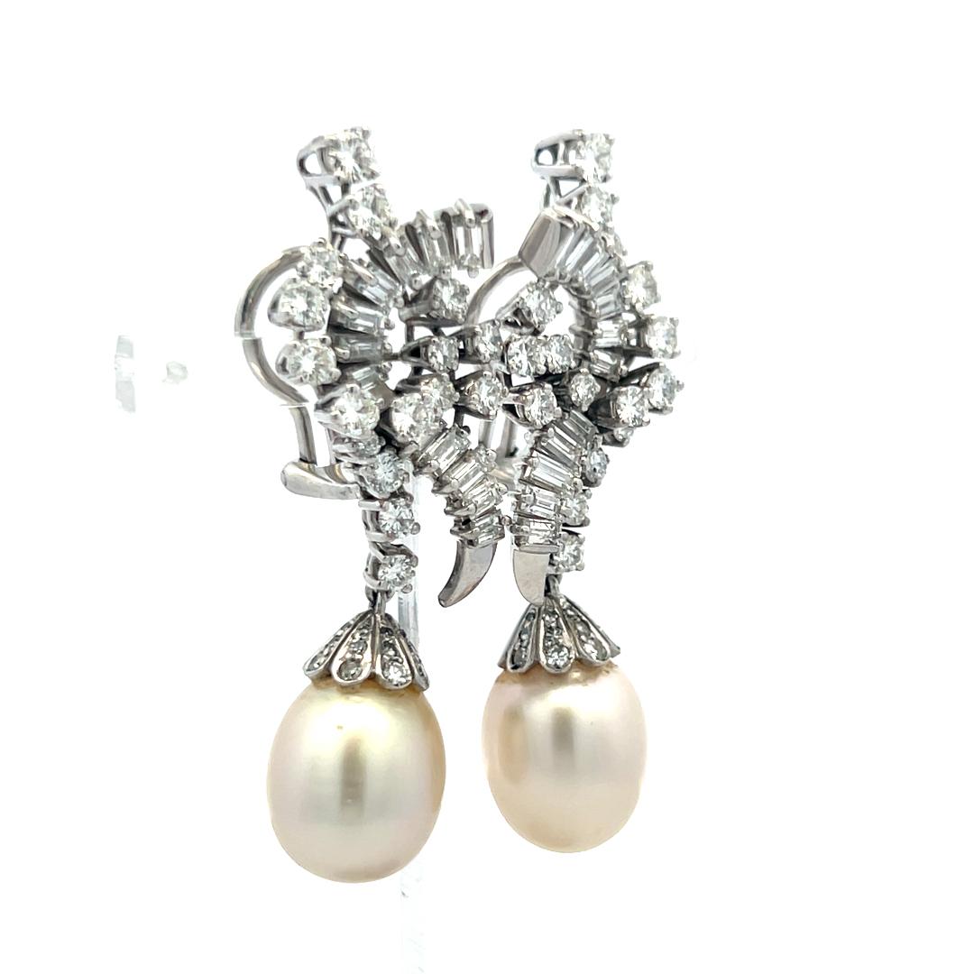 White Platinum Dangling Earrings 4.75ct Round & Baguette H VS Diamonds and Pearl