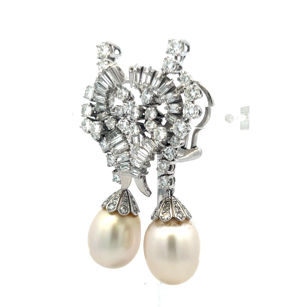 White Platinum Dangling Earrings 4.75ct Round & Baguette H VS Diamonds and Pearl