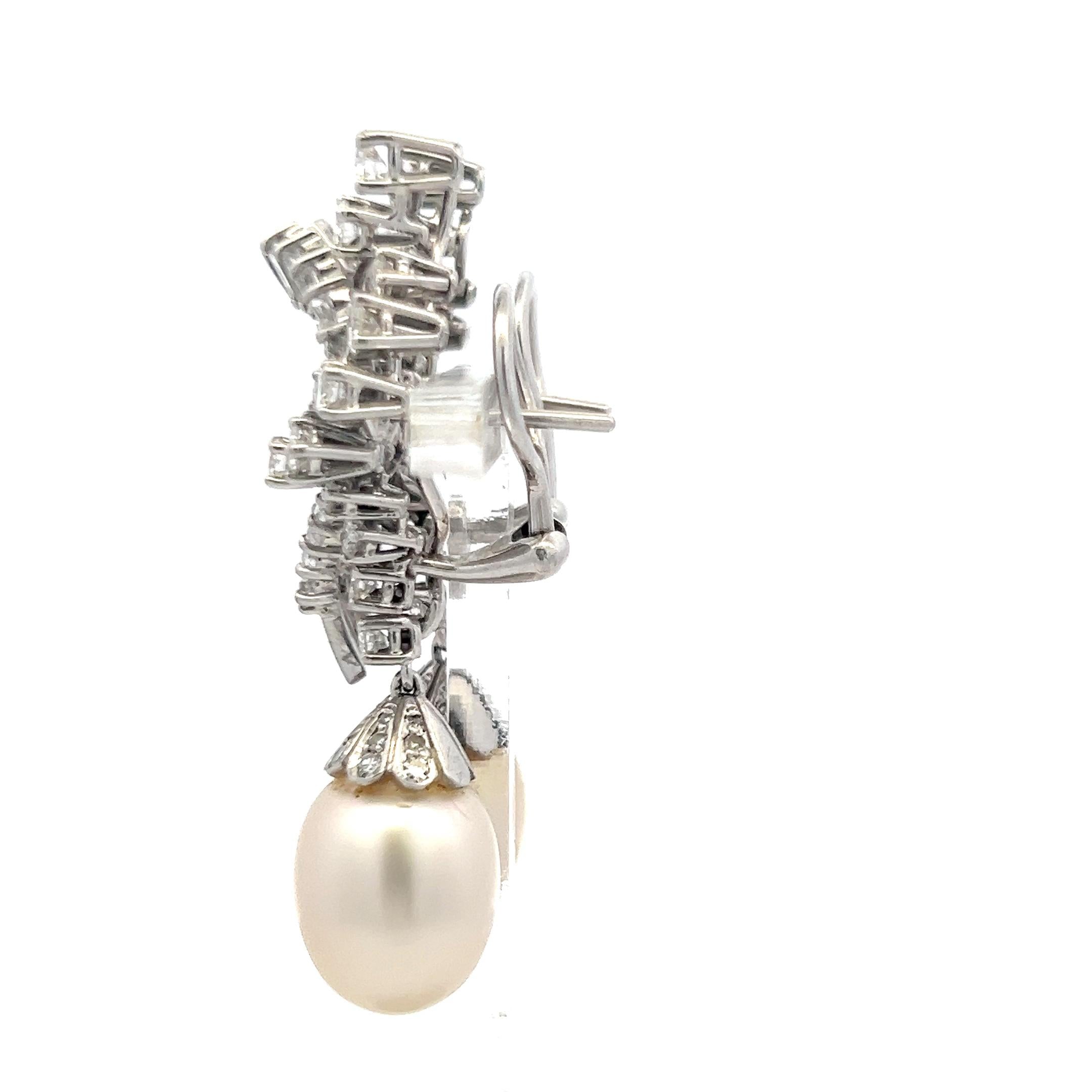White Platinum Dangling Earrings 4.75ct Round & Baguette H VS Diamonds and Pearl
