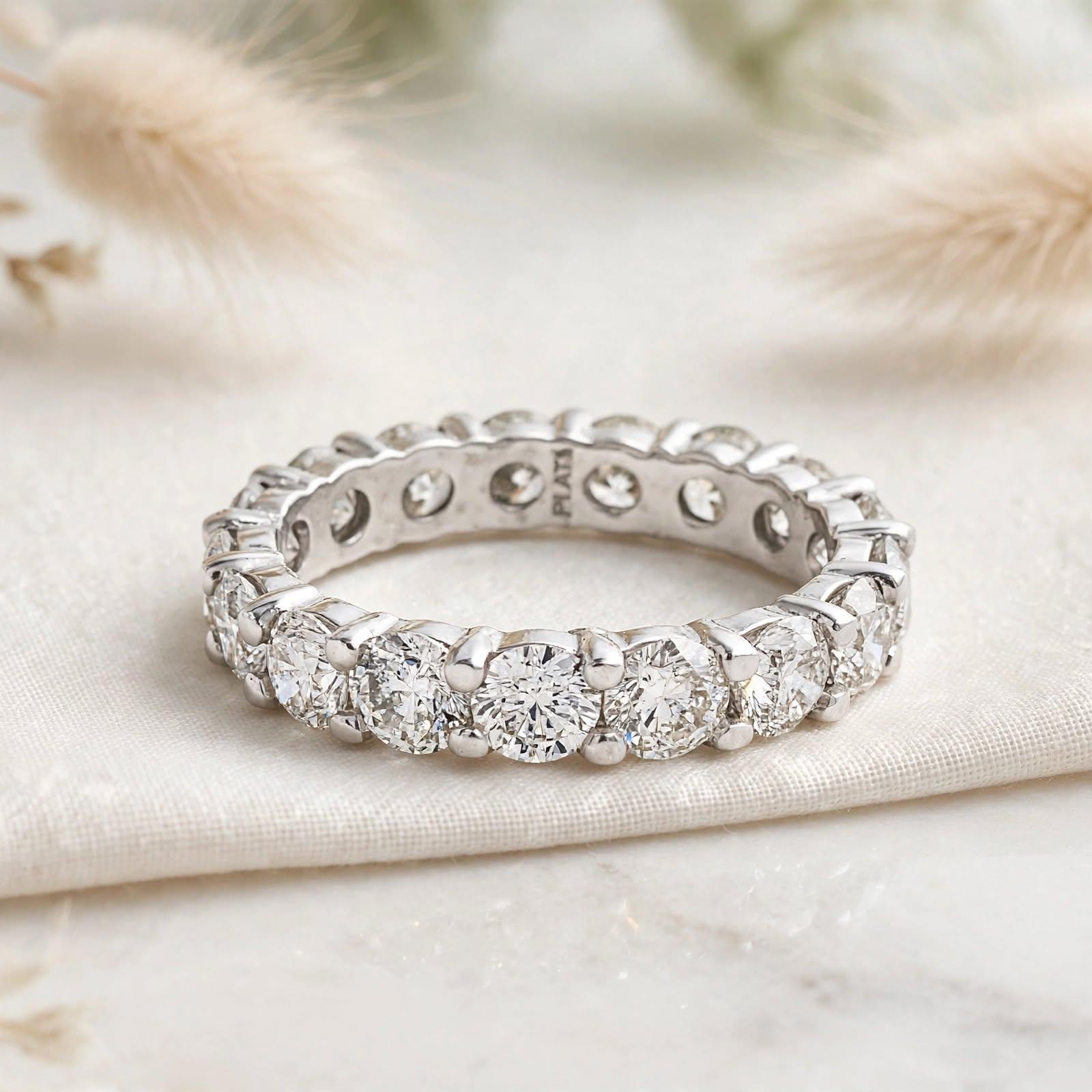Vintage Platinum Eternity Band Ring with 4.5 Carat Round I-SI Diamonds Size 8