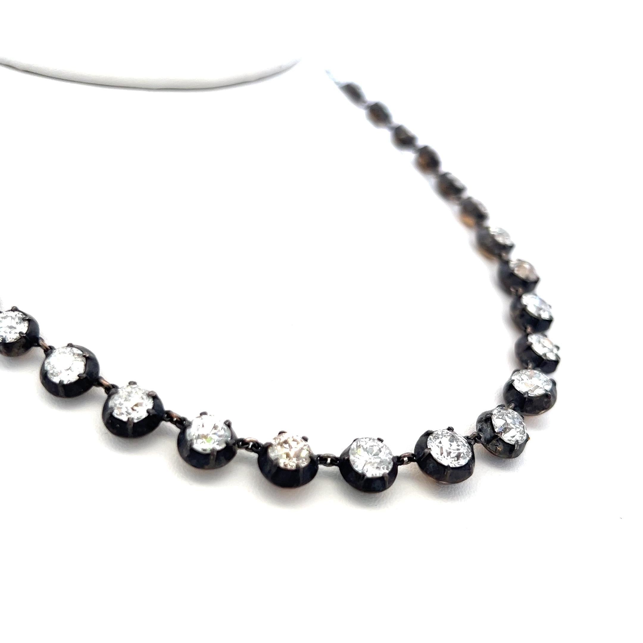 20.40 Carat Old European Cut Diamond 14K Two Tone Gold/Silver Riviera Necklace