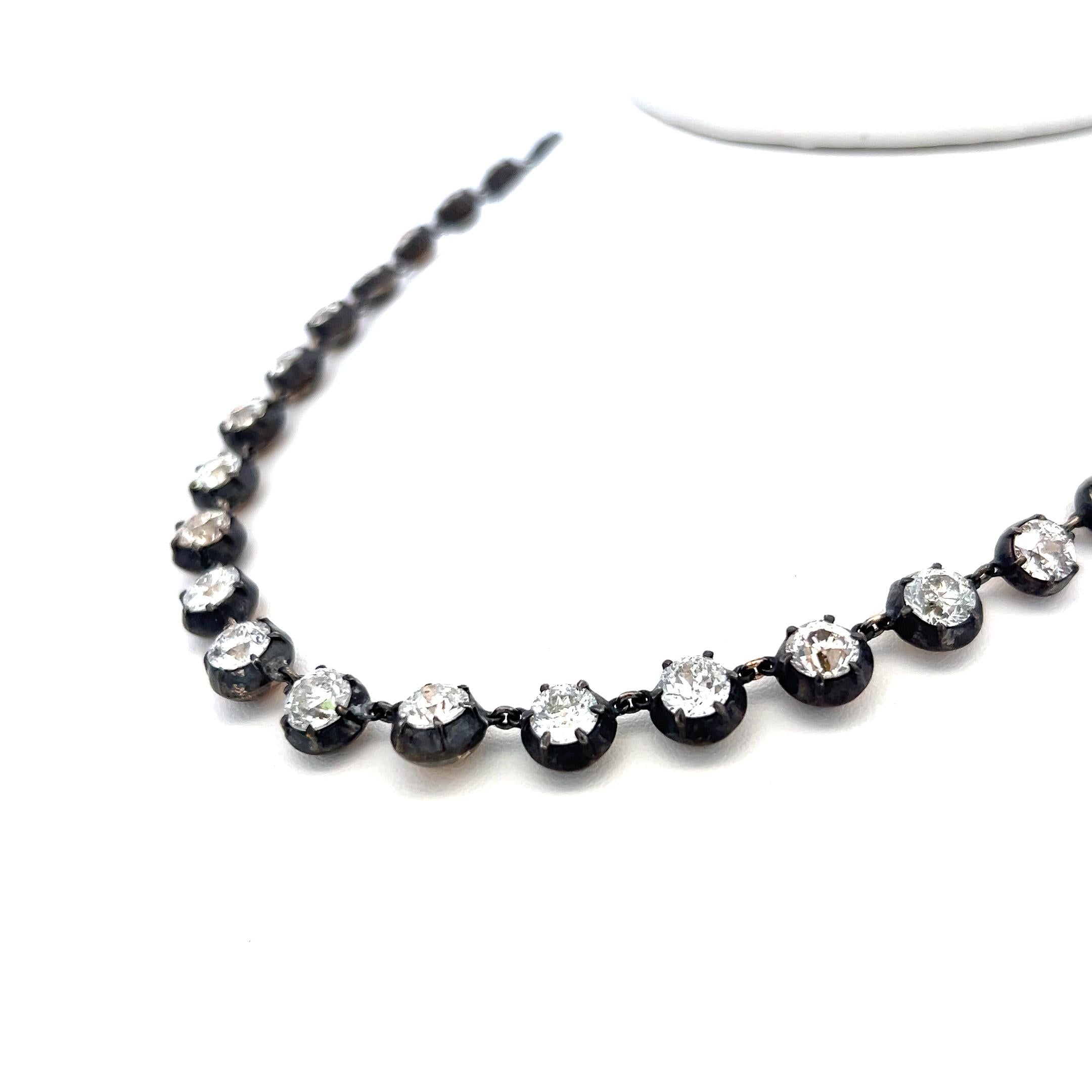 20.40 Carat Old European Cut Diamond 14K Two Tone Gold/Silver Riviera Necklace
