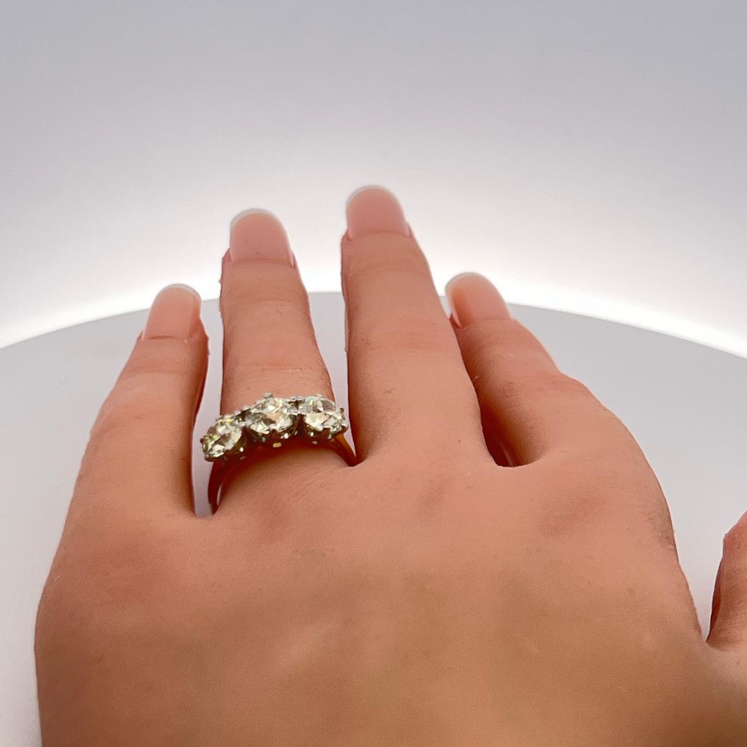 3.51ct Old European Cut Diamond Three-Stone Ring in 18K Gold & Platinum GIA Cert