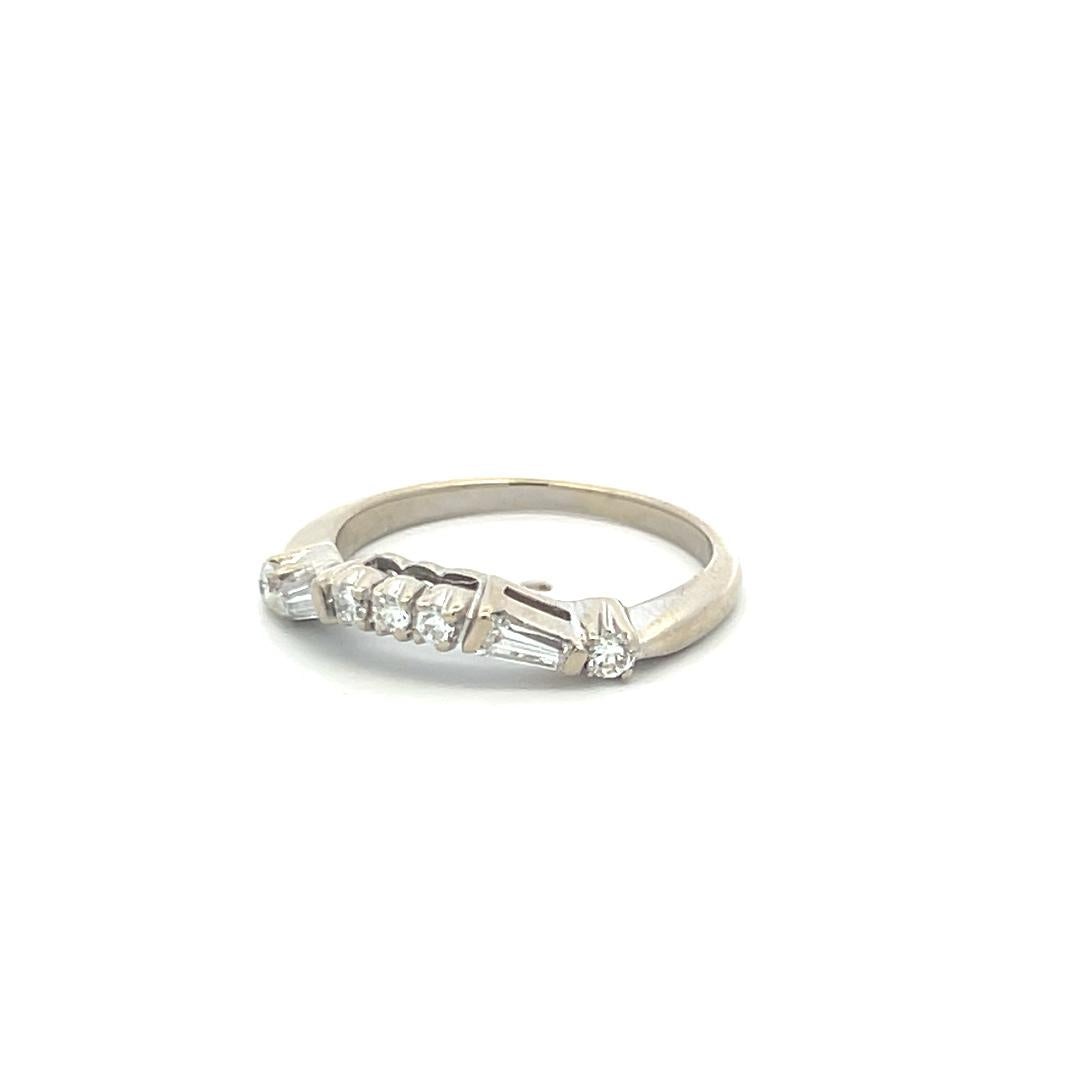 0.30 Carat Round Brilliant and Baguette Diamond 14Karat White Gold Band Ring