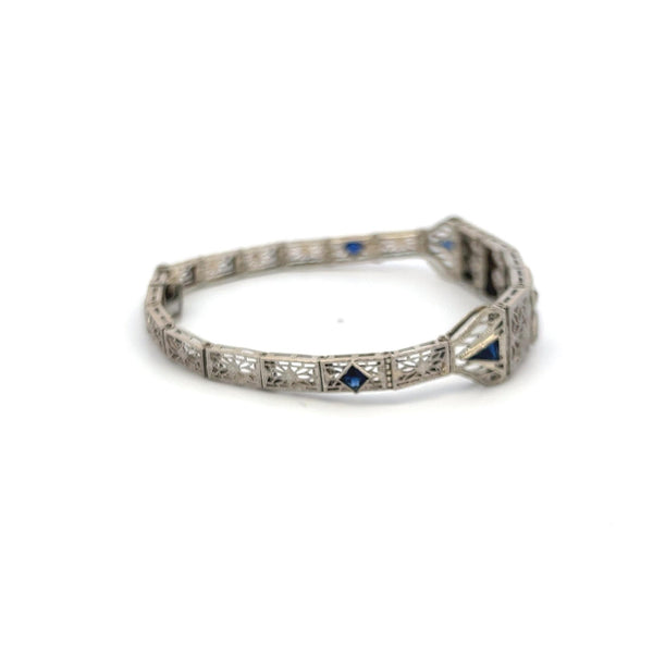 1.20 Carat Sapphire 0.10 Carat Old European Diamond 14K WG-PLT Art Deco Bracelet