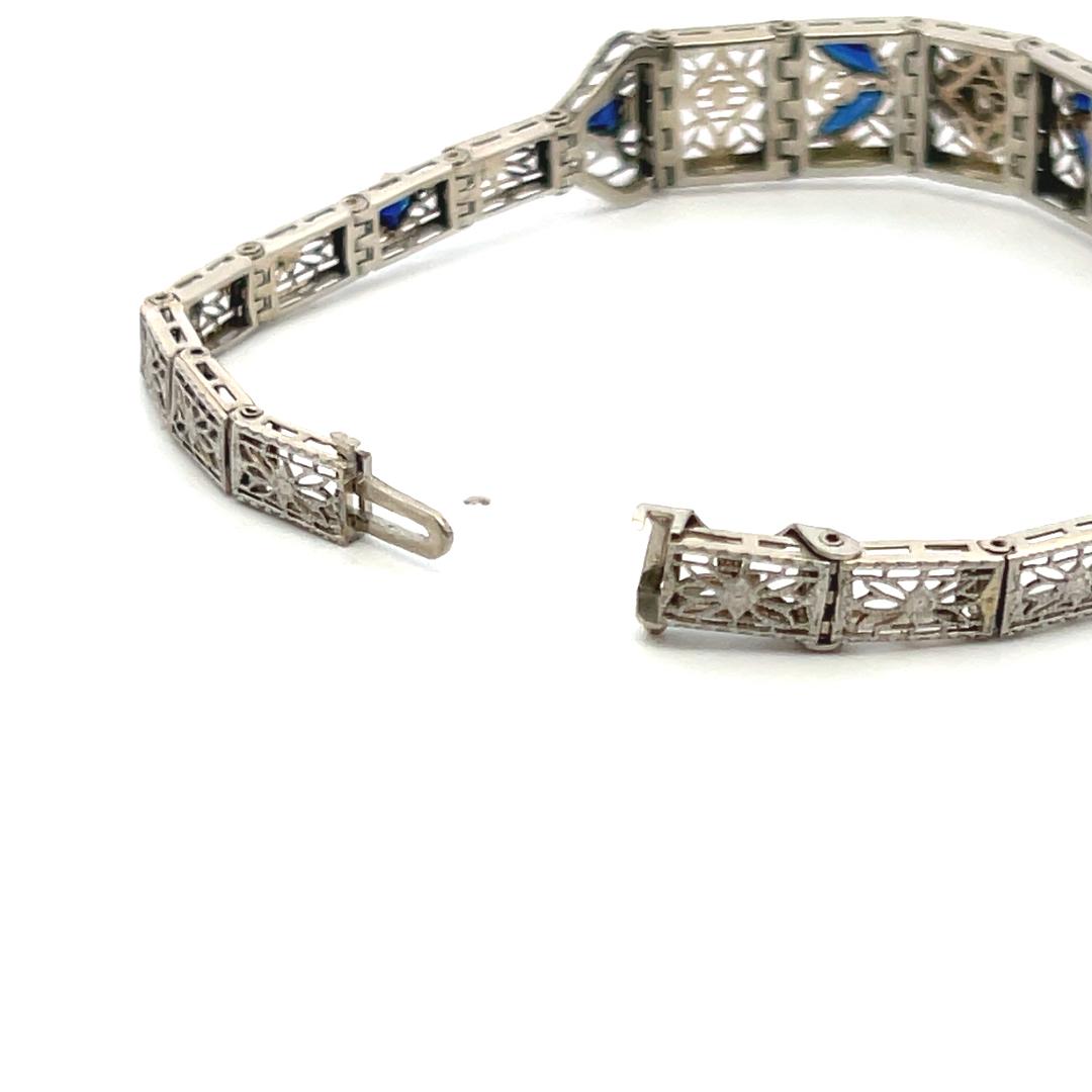 1.20 Carat Sapphire 0.10 Carat Old European Diamond 14K WG-PLT Art Deco Bracelet