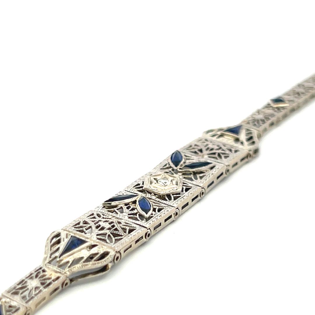 1.20 Carat Sapphire 0.10 Carat Old European Diamond 14K WG-PLT Art Deco Bracelet