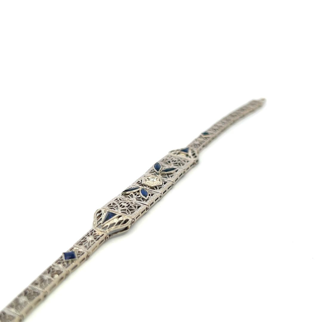 1.20 Carat Sapphire 0.10 Carat Old European Diamond 14K WG-PLT Art Deco Bracelet