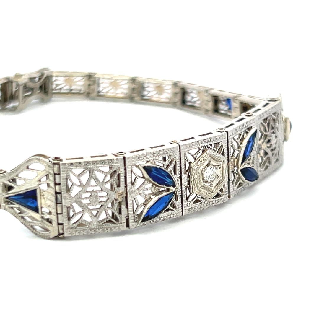 1.20 Carat Sapphire 0.10 Carat Old European Diamond 14K WG-PLT Art Deco Bracelet