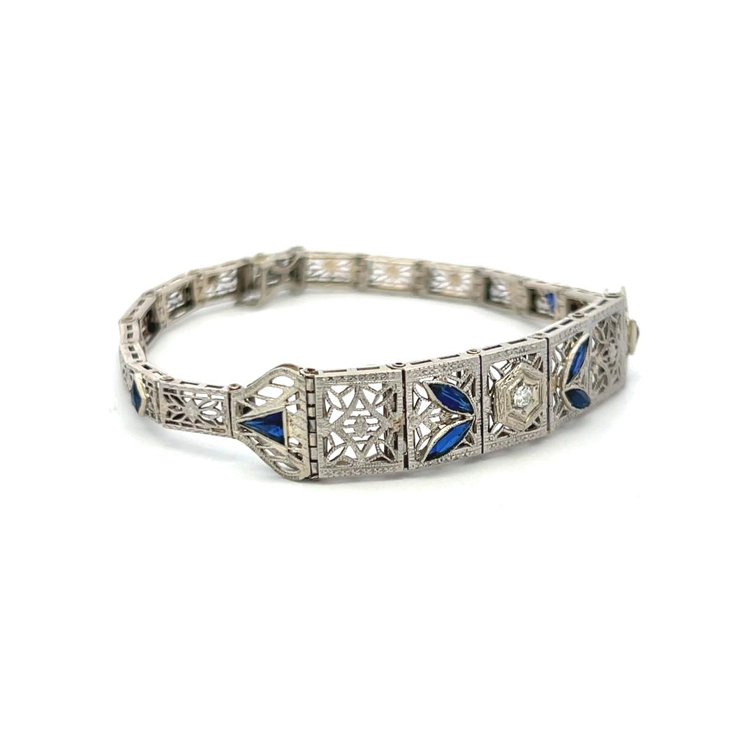 1.20 Carat Sapphire 0.10 Carat Old European Diamond 14K WG-PLT Art Deco Bracelet