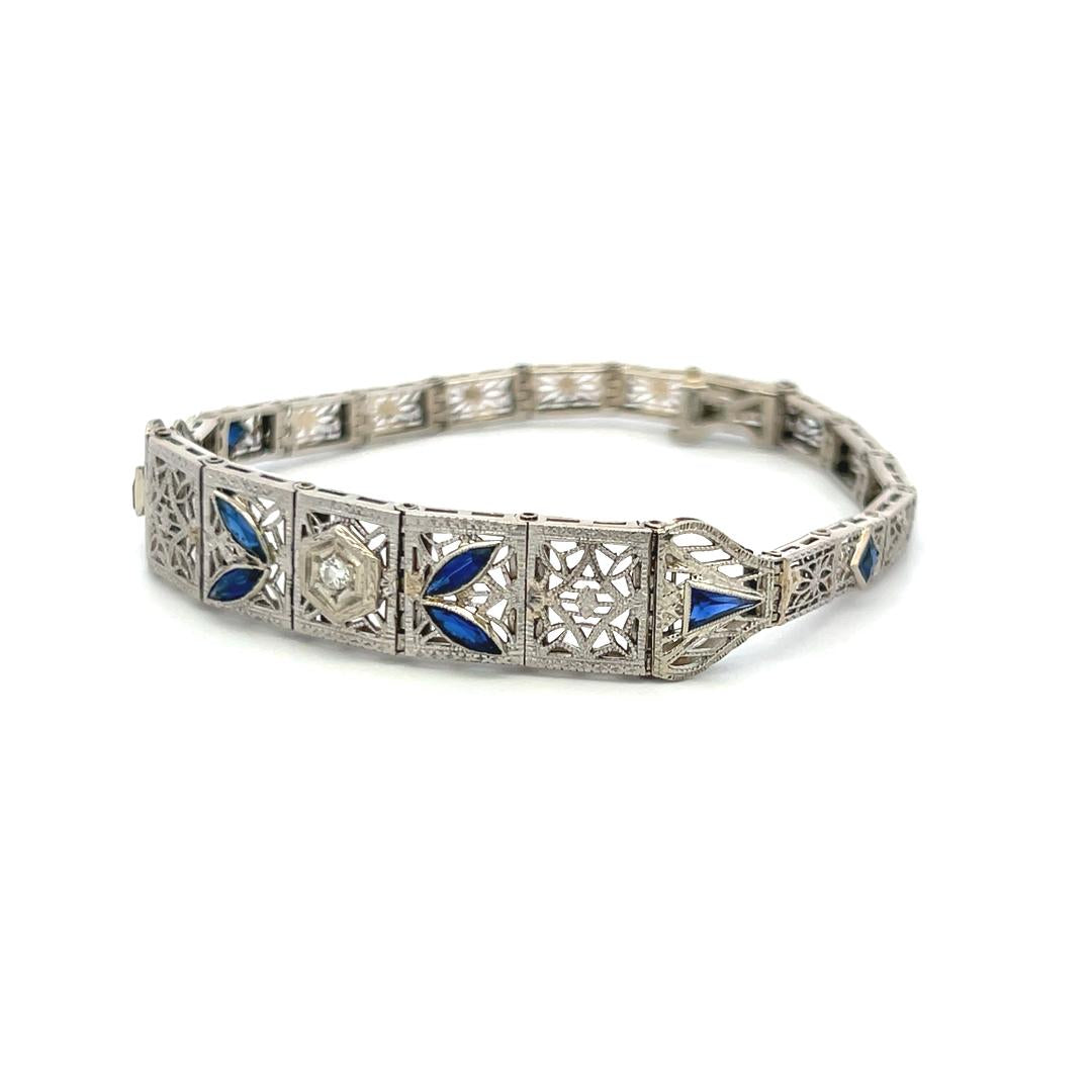 1.20 Carat Sapphire 0.10 Carat Old European Diamond 14K WG-PLT Art Deco Bracelet