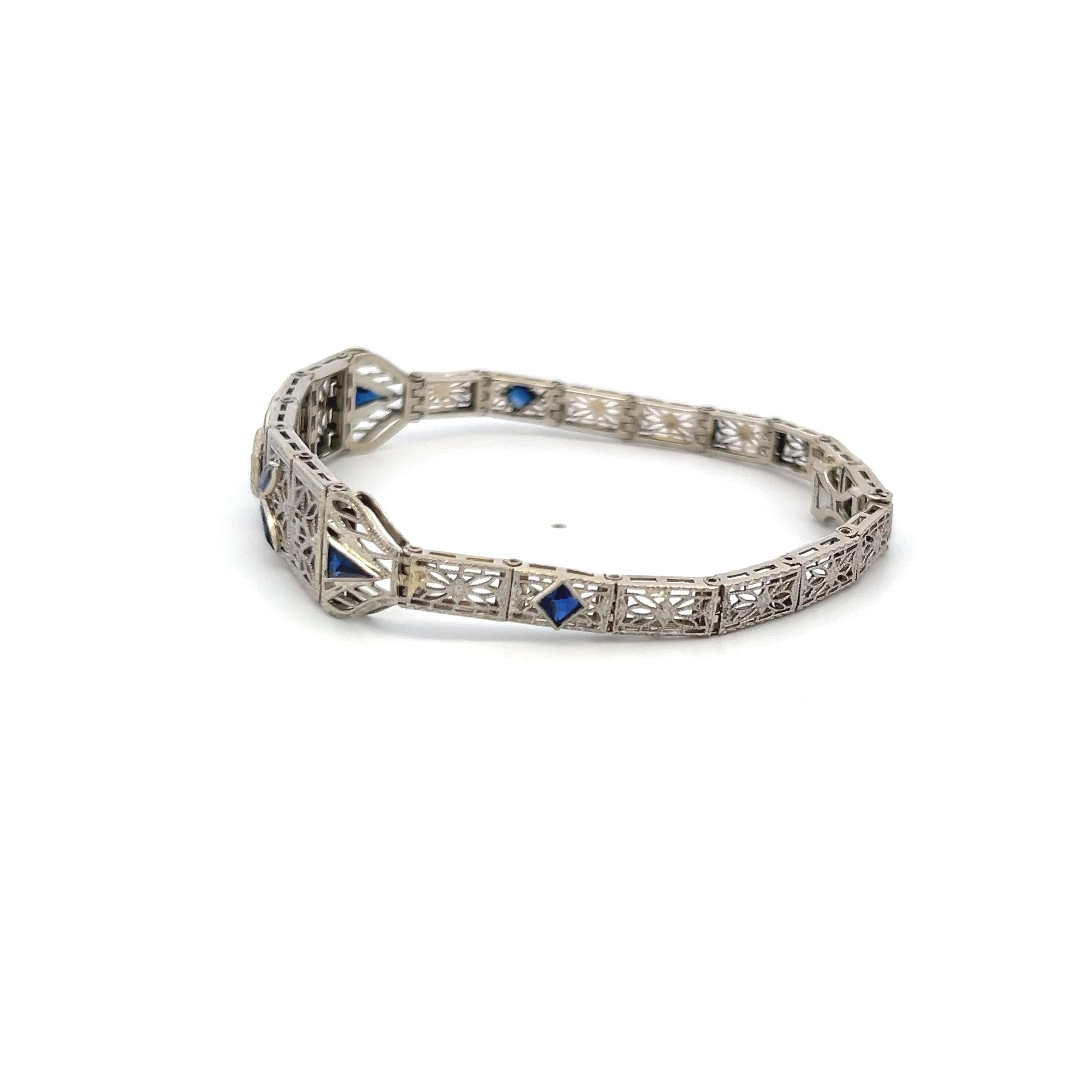 1.20 Carat Sapphire 0.10 Carat Old European Diamond 14K WG-PLT Art Deco Bracelet