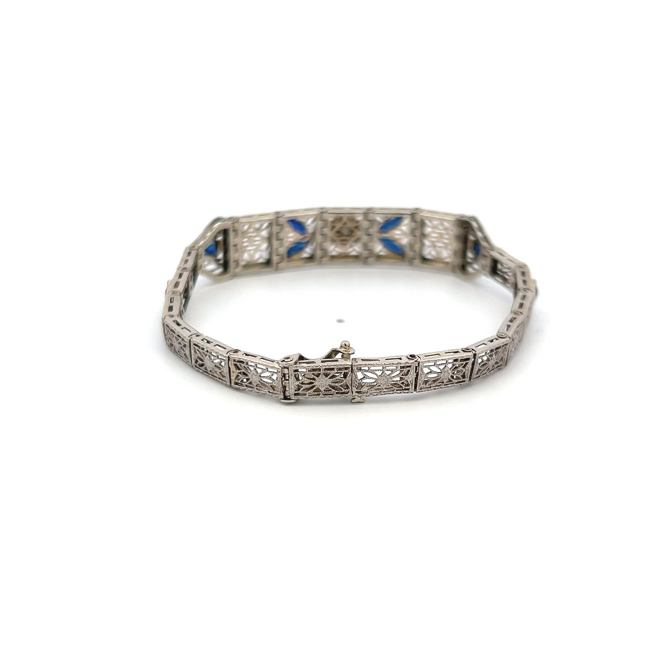 1.20 Carat Sapphire 0.10 Carat Old European Diamond 14K WG-PLT Art Deco Bracelet