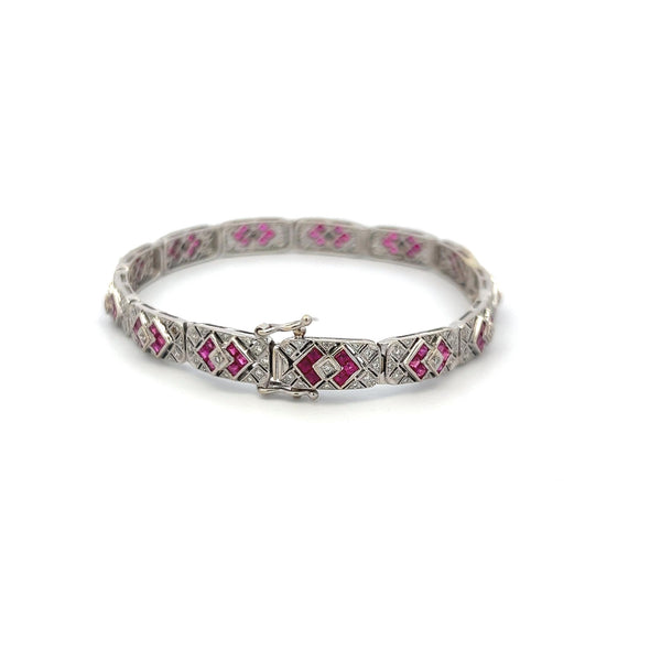 Art Deco 18K White Gold Bracelet with 2.50ct Rubies & 1.10ct Diamond Accents