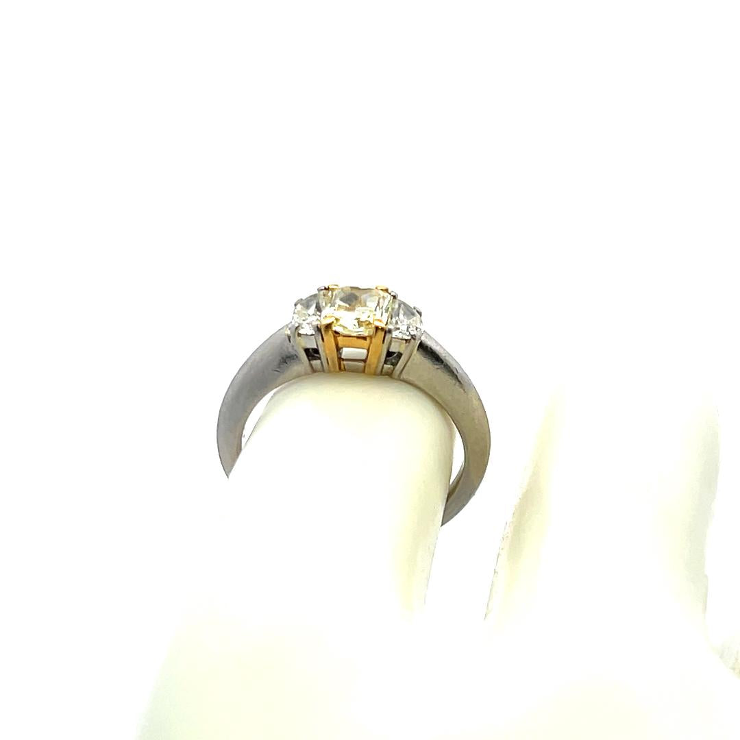 1.30 Carat Radiant Fancy yellow and Half Moon Diamond 18K GLD-P Three stone Ring