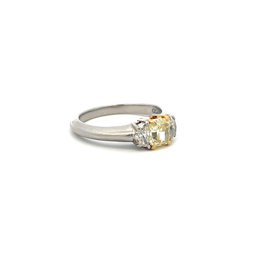 1.30 Carat Radiant Fancy yellow and Half Moon Diamond 18K GLD-P Three stone Ring