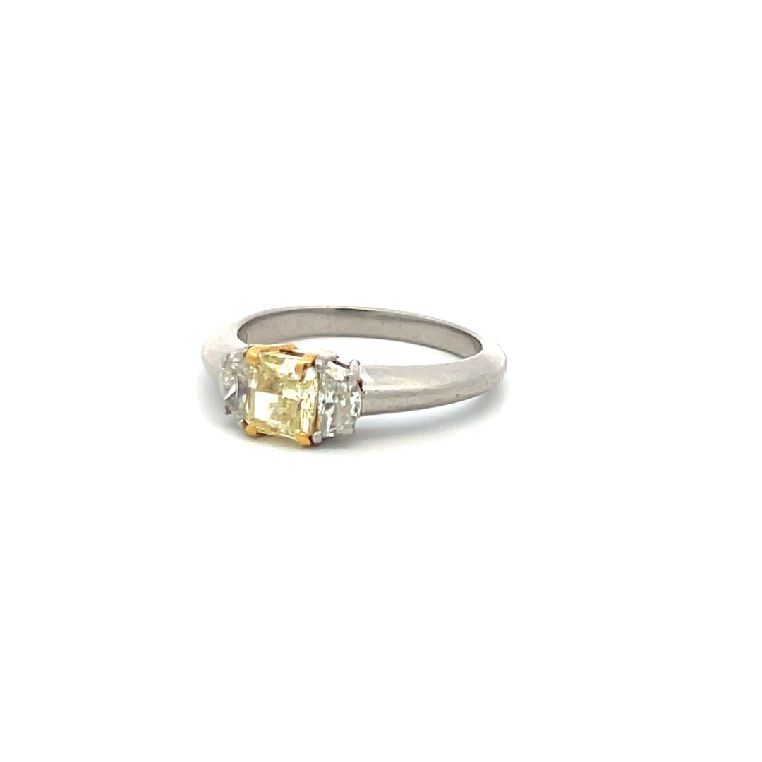 1.30 Carat Radiant Fancy yellow and Half Moon Diamond 18K GLD-P Three stone Ring