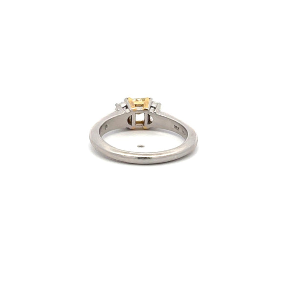 1.30 Carat Radiant Fancy yellow and Half Moon Diamond 18K GLD-P Three stone Ring