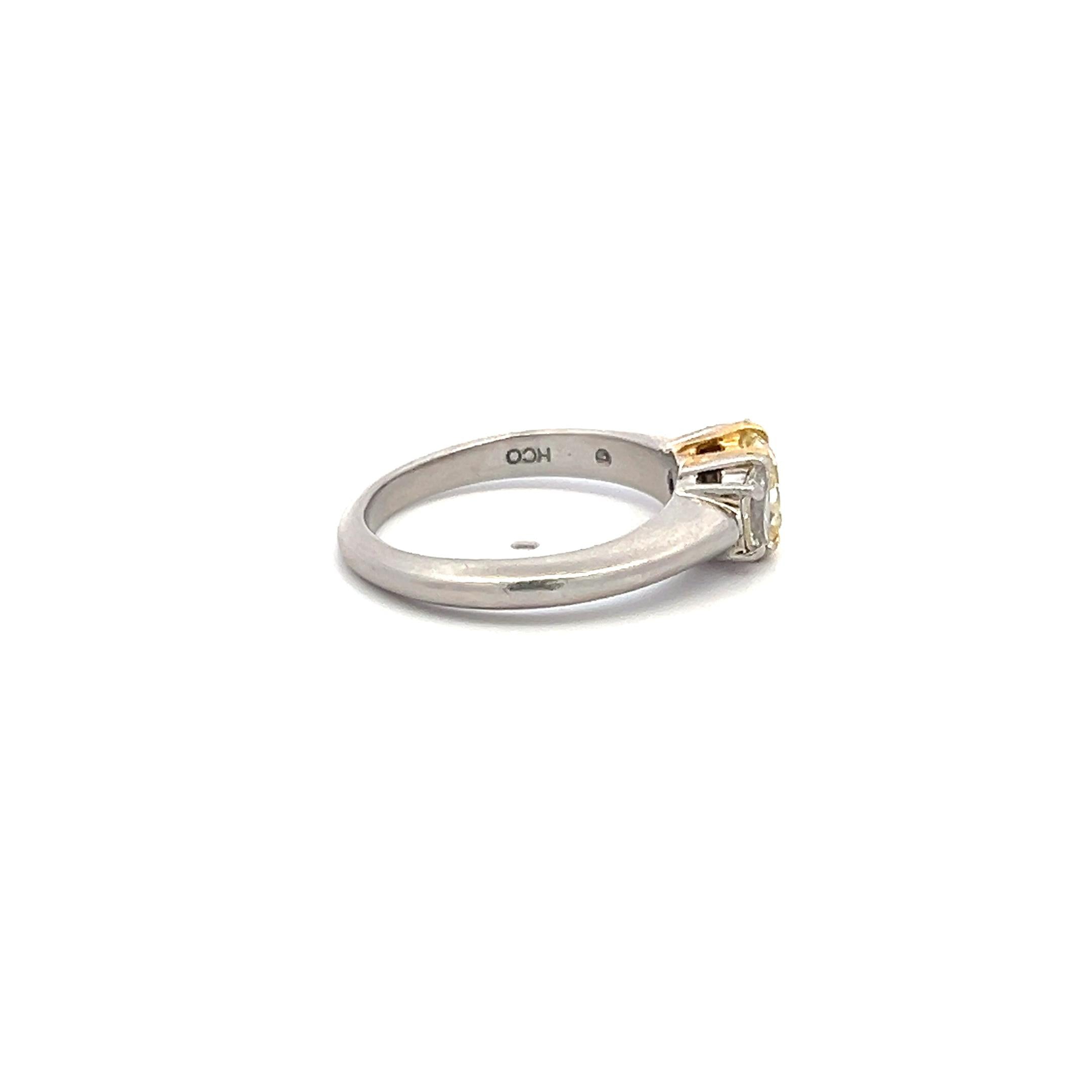 1.30 Carat Radiant Fancy yellow and Half Moon Diamond 18K GLD-P Three stone Ring