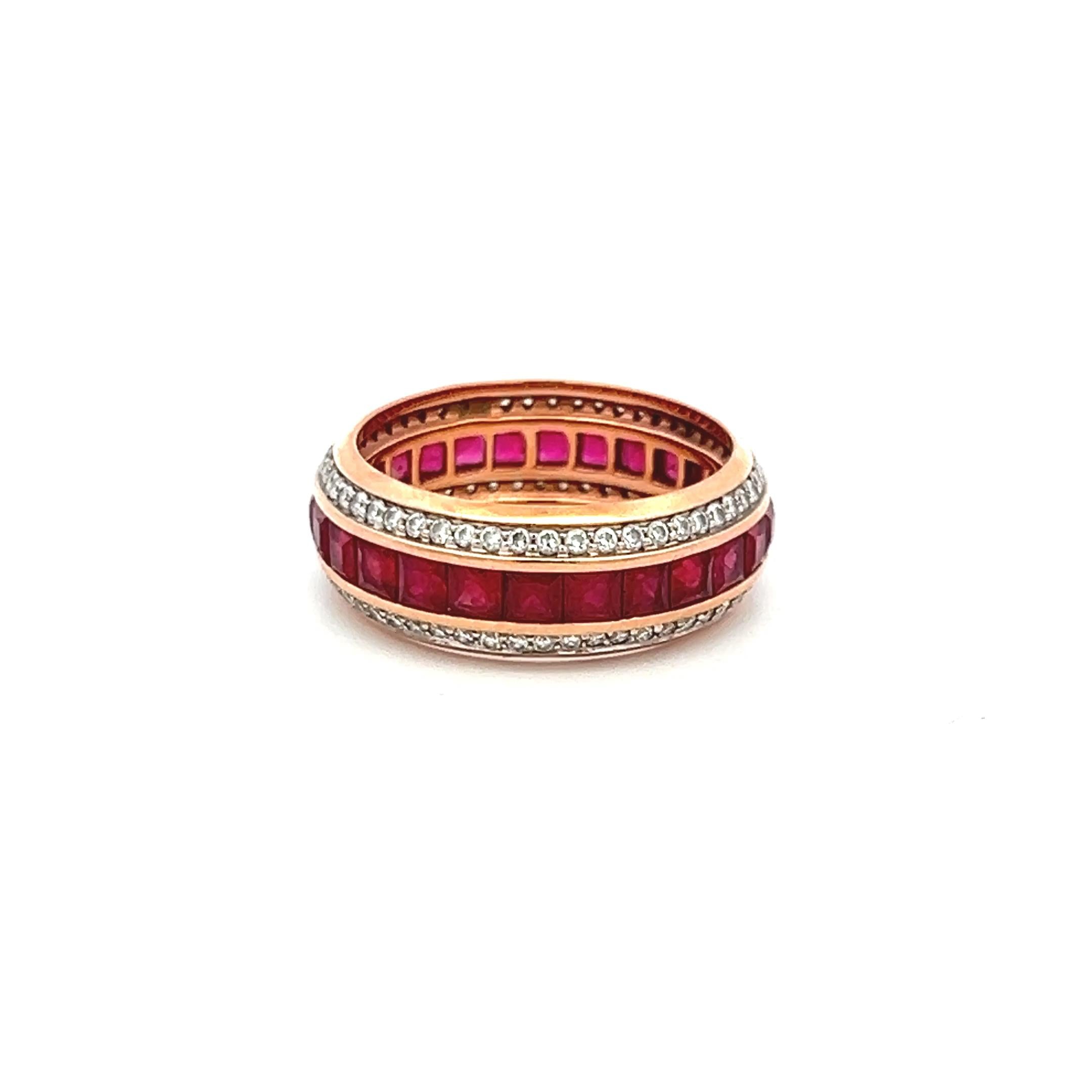 2.60 Carat Ruby 0.50 Carat Round Brilliant Diamond 18 Karat Rose Gold Band Ring