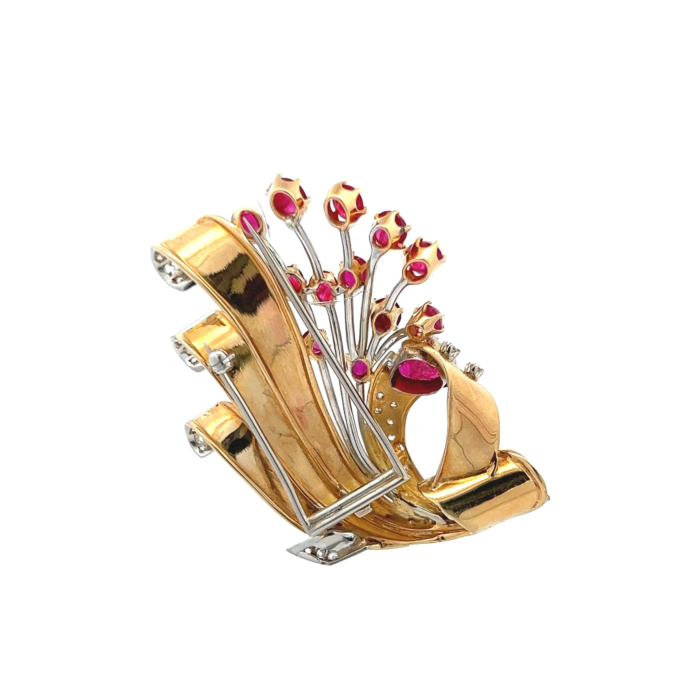5.50ct Ruby & 1.00ct H-VS Diamond 14K Two-Tone Gold Retro Platinum Brooch Pin